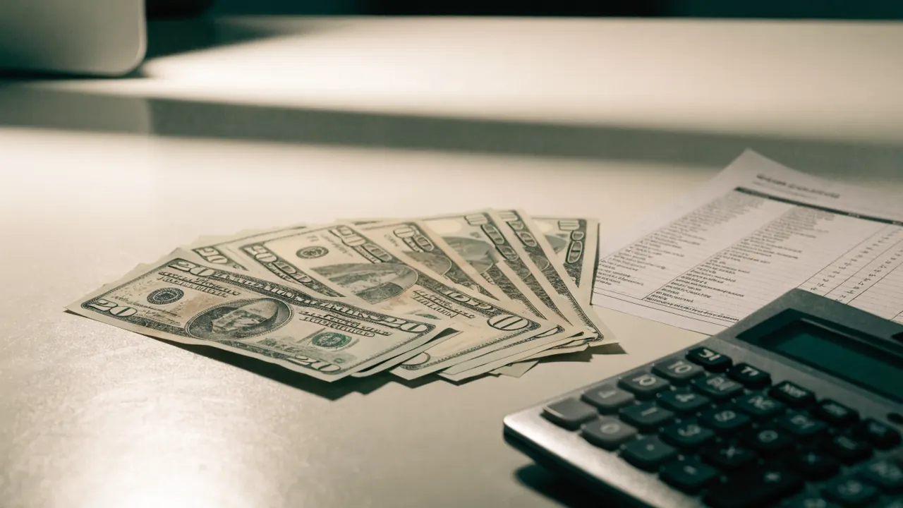 Billetes y una hoja de liquidación con calculadora — cuánto queda de un acuerdo de $25,000