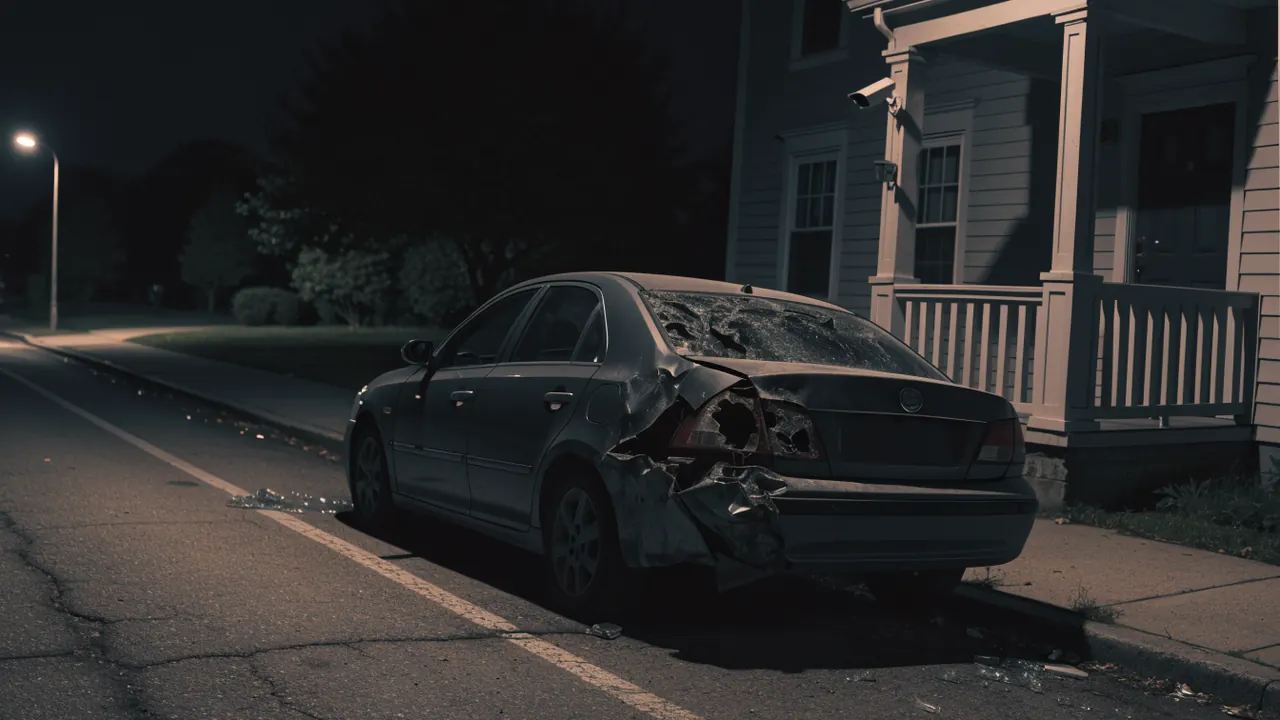 Un carro dañado estacionado de noche con una luz de cámara al fondo — choque y fuga en Colton