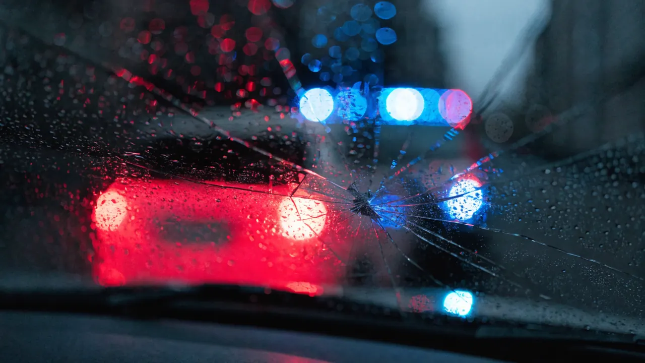 Luces de patrulla reflejadas en un parabrisas de noche — caso civil contra conductor ebrio