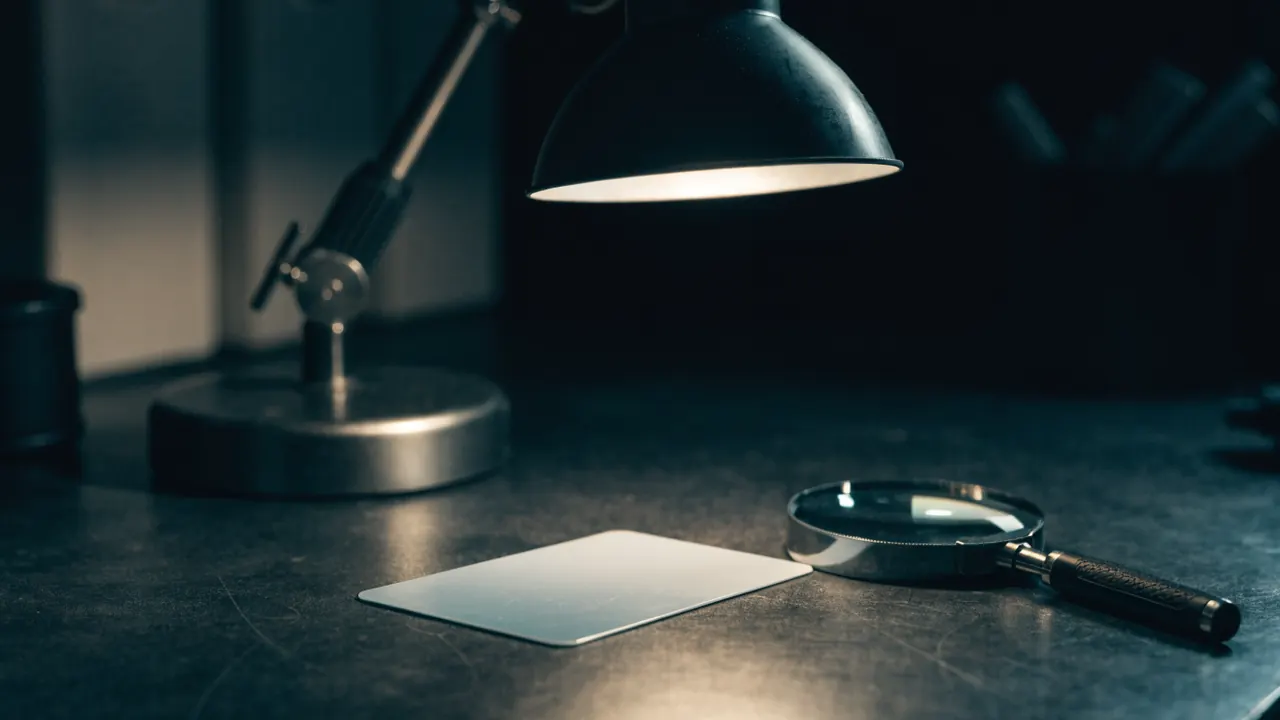 Una tarjeta de seguro sobre una mesa con una lupa encima — seguro falso o cancelado