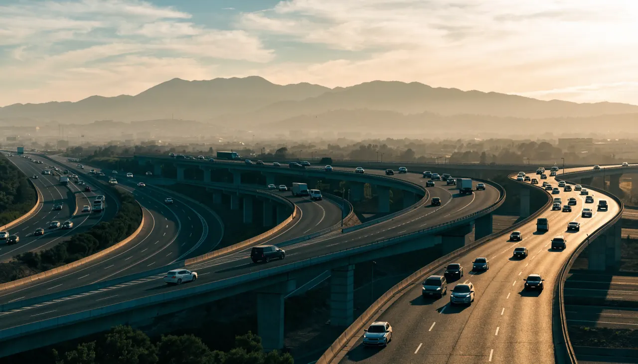 Choque de autos en un cruce con semáforo de Colton, California, al atardecer