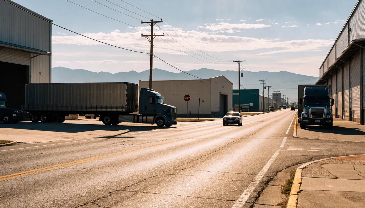 Tráiler de carga sobre Valley Boulevard en Colton, zona de bodegas de Agua Mansa
